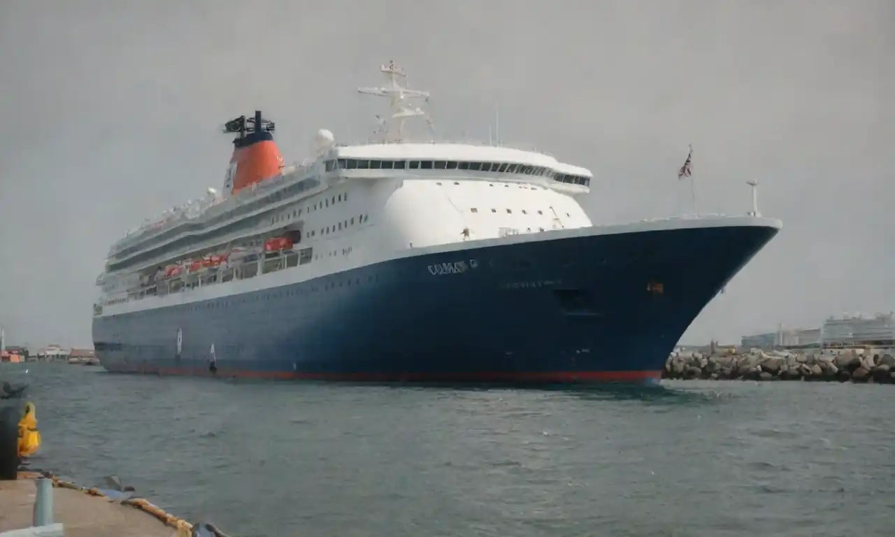 A cruise ship docked with coast guard officers visible, highlighting security concerns and regulations.