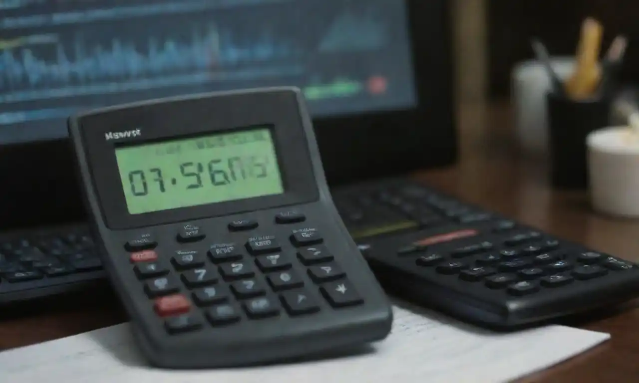 Calculator and a computer being analyzed with graphs and formulas on a table.
