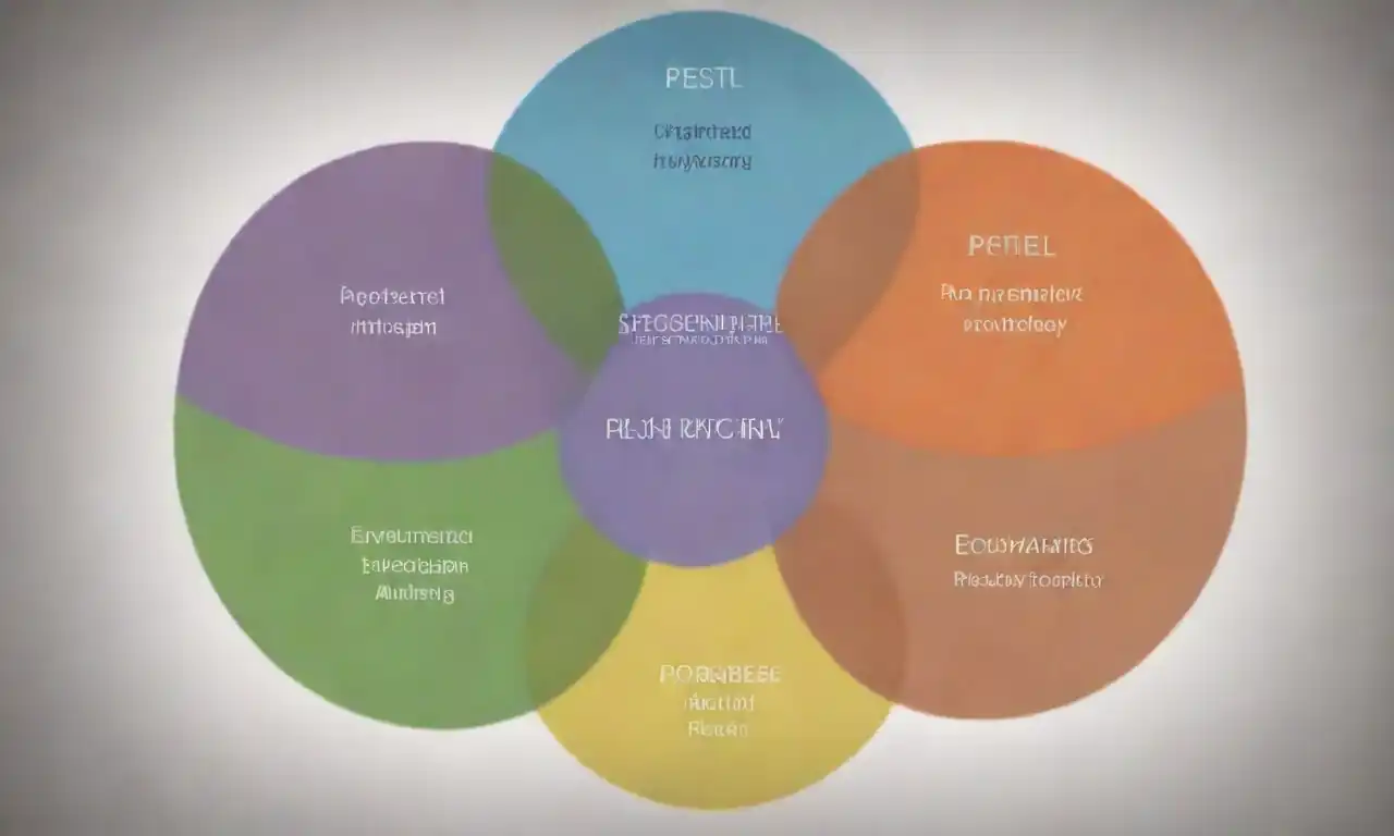 Graphic illustrating the PESTEL framework with key factors: Political