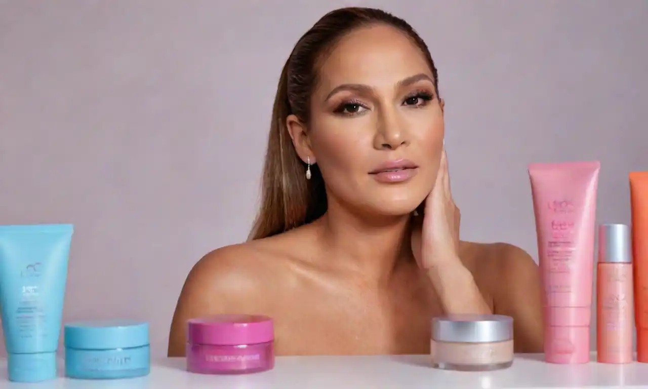 J.Lo promoting her new skincare line with vibrant packaging and glowing models.