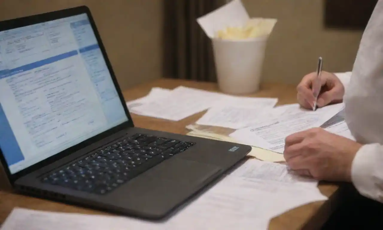 A person analyzing documents and receipts with a laptop displaying tax forms.