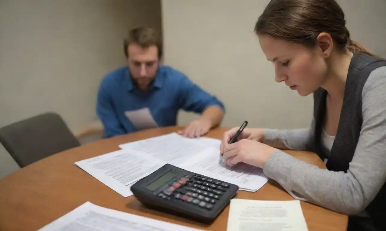 Self-employed person examining legal documents with a calculator and a laptop.