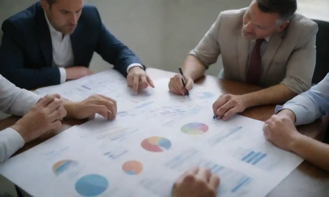 A diverse group brainstorming around a table with a large business plan document and charts.