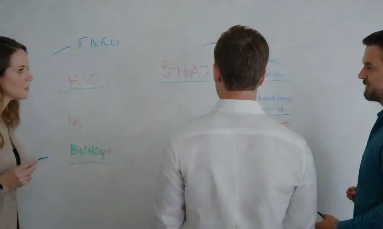 A team brainstorming marketing strategies on a whiteboard with charts and product images.