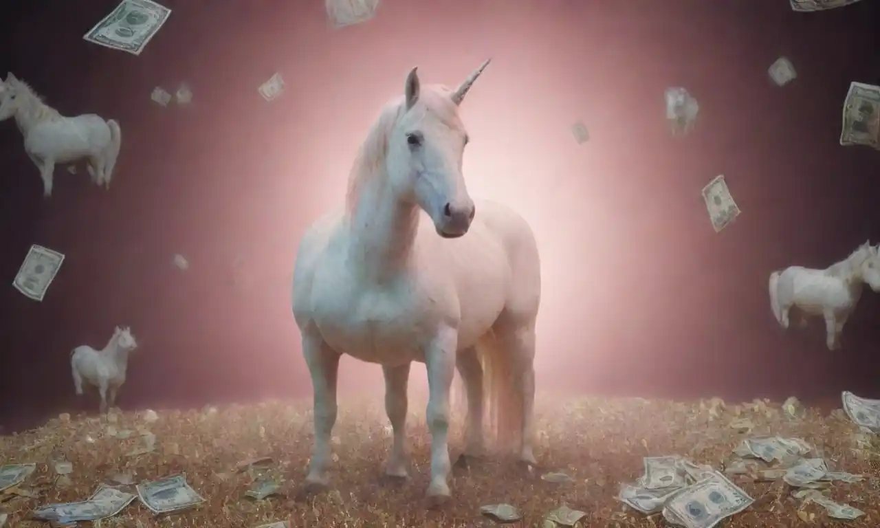 A visual of a unicorn with dollar signs
