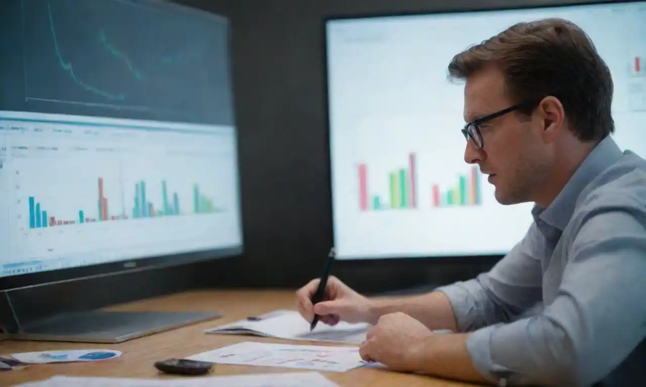 Marketer analyzing charts and data while brainstorming strategies with a team.