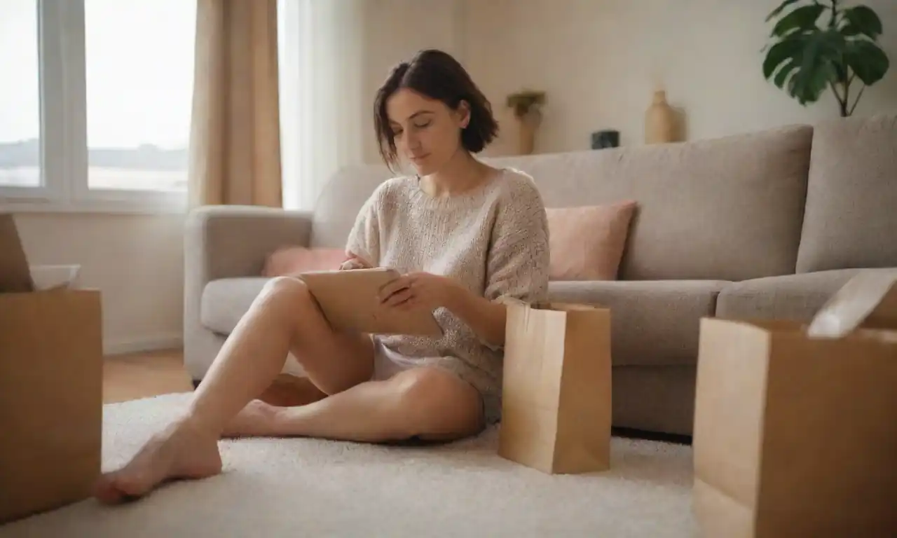 Person researching products online while sitting in a cozy living room