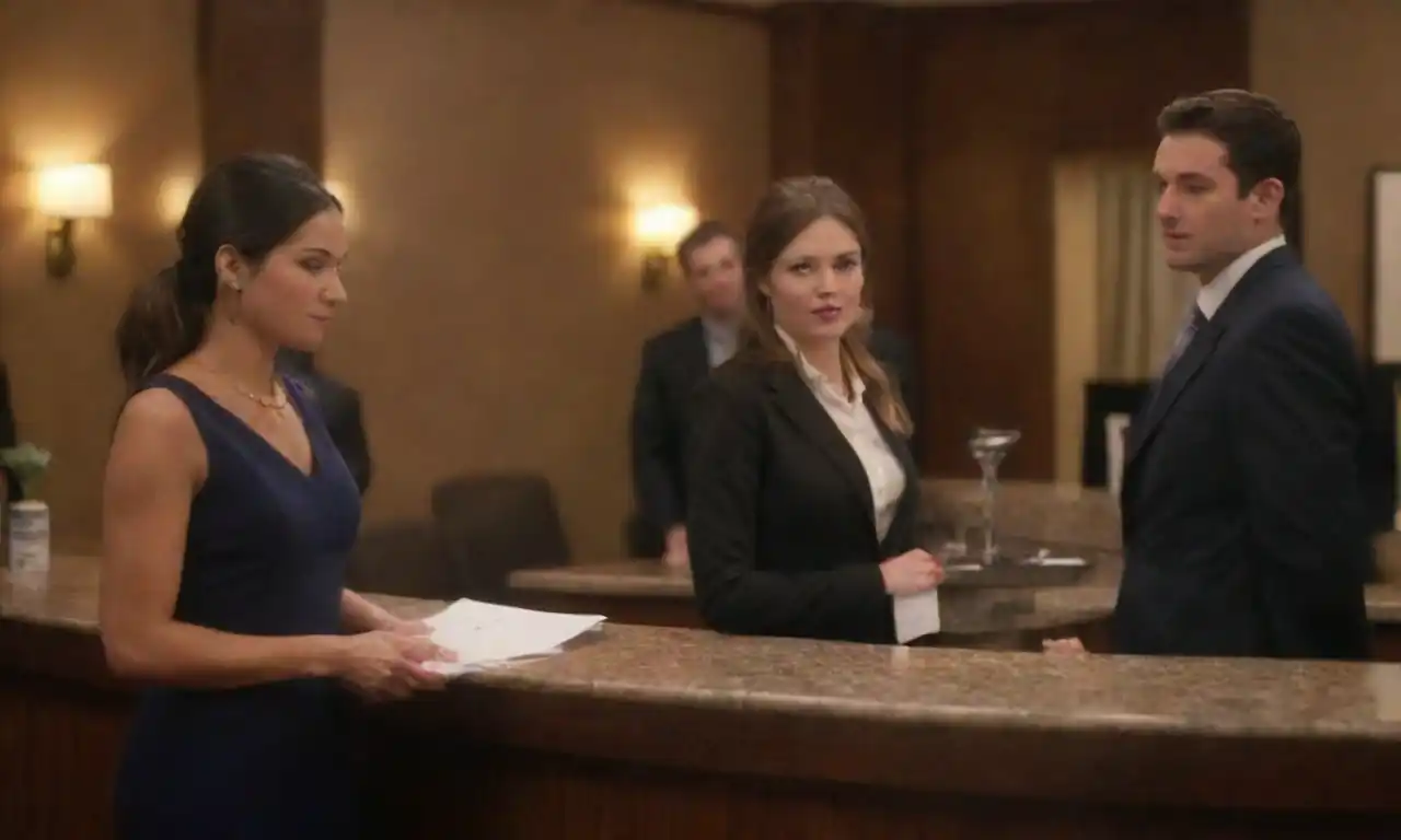A diverse team engaging in guest services at a hotel reception.