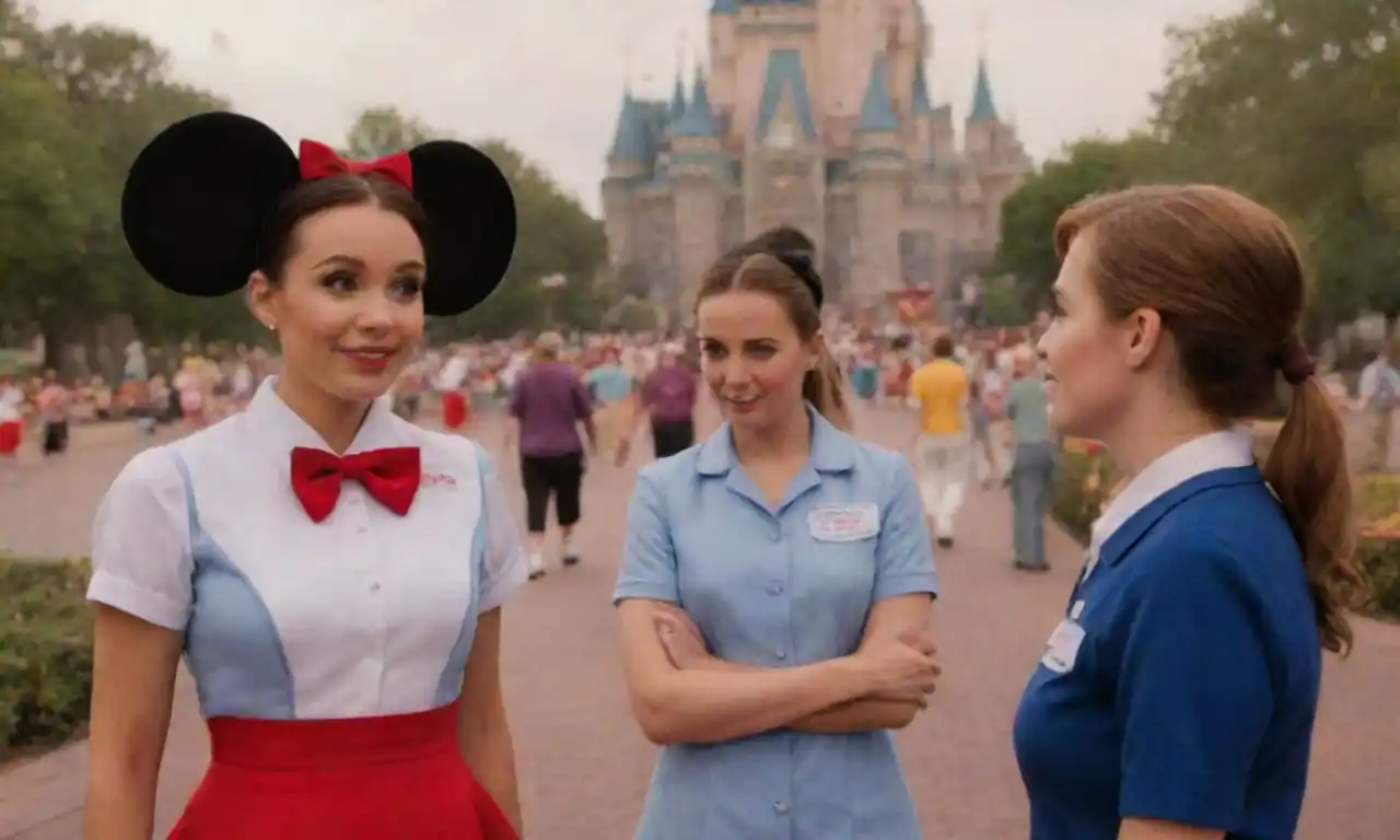 Employees in Disney-themed uniforms discussing payroll near iconic park attractions.