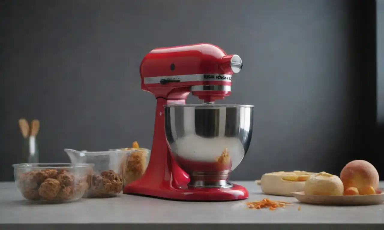 A modern stand mixer displayed with various attachments and ingredients nearby.