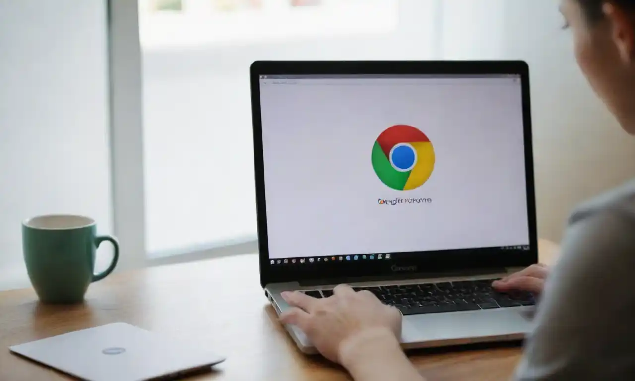 A person installing Google Chrome on a laptop and smartphone with download icons displayed.