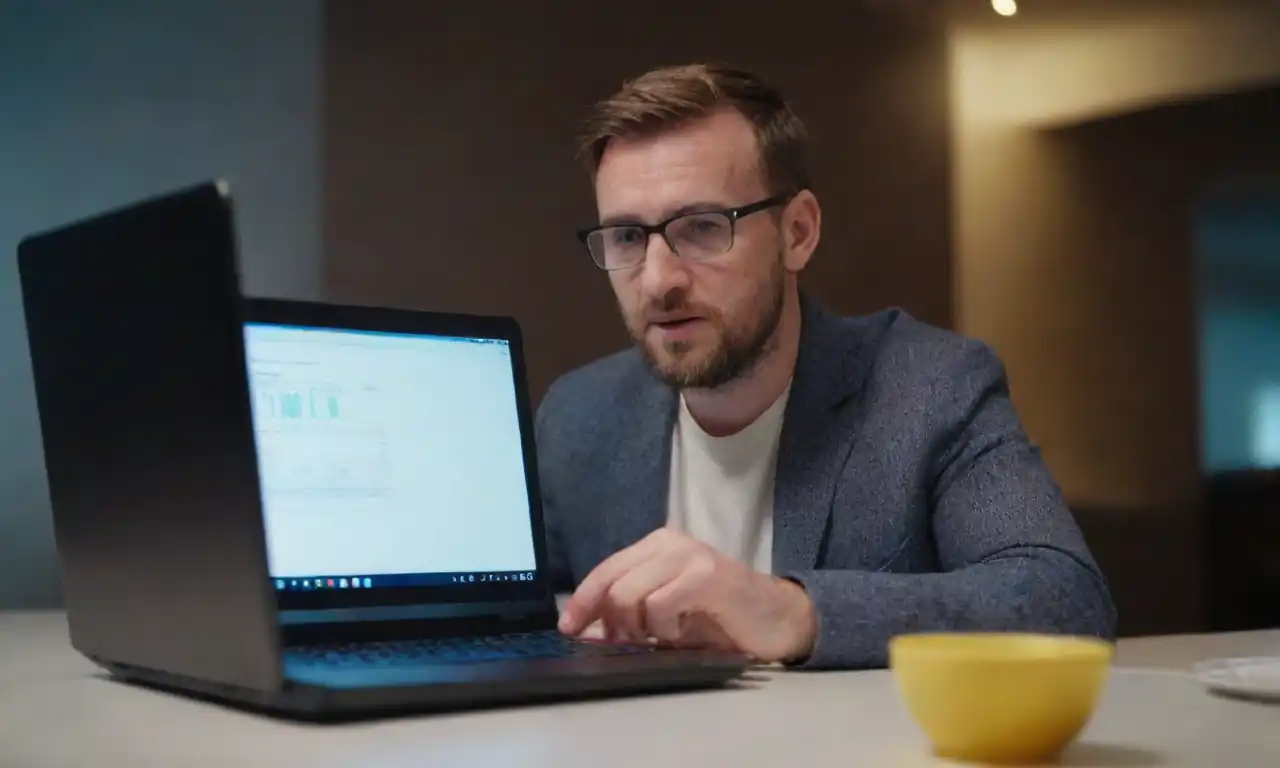 Digital marketer analyzing data trends on a laptop without cookies displayed.