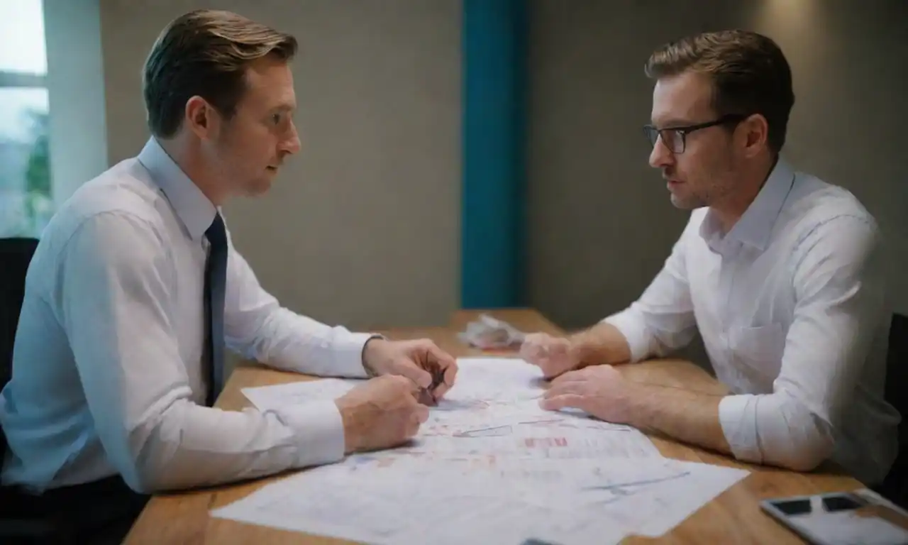 Two entrepreneurs discussing ideas over a table