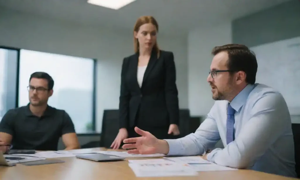 A SEO manager analyzing website metrics with team discussions in a modern office setting.