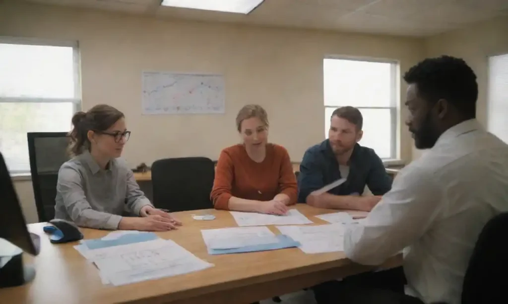 Team collaborating in a well-organized workspace with labeled areas and visual aids.