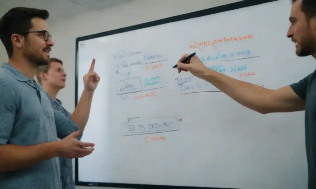 Team brainstorming around a digital marketing plan on a whiteboard.