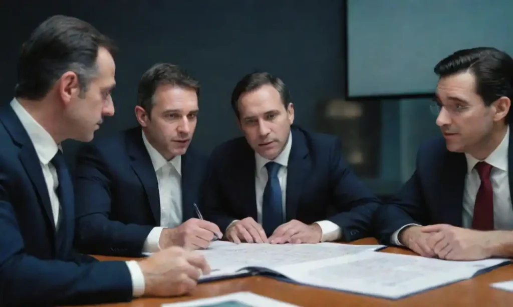 Grupo de profesionales de finanzas analizando gráficos y datos en una reunión.