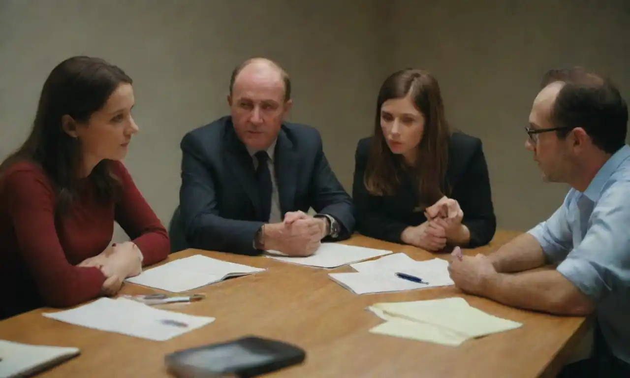 Un grupo de personas discutiendo en una mesa rodeada de notas y materiales de marketing.