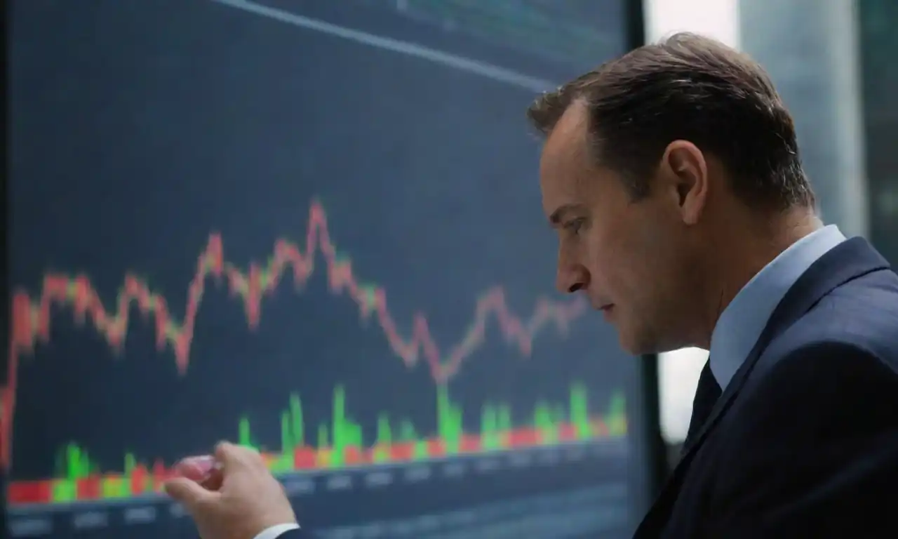 An investor examining charts and graphs with the background of a financial district