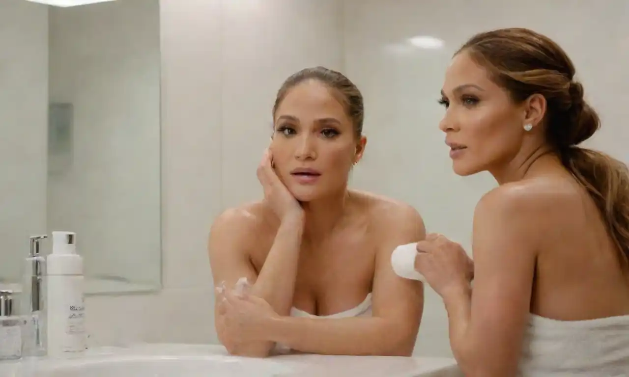 Jennifer Lopez applying skincare products in a bright
