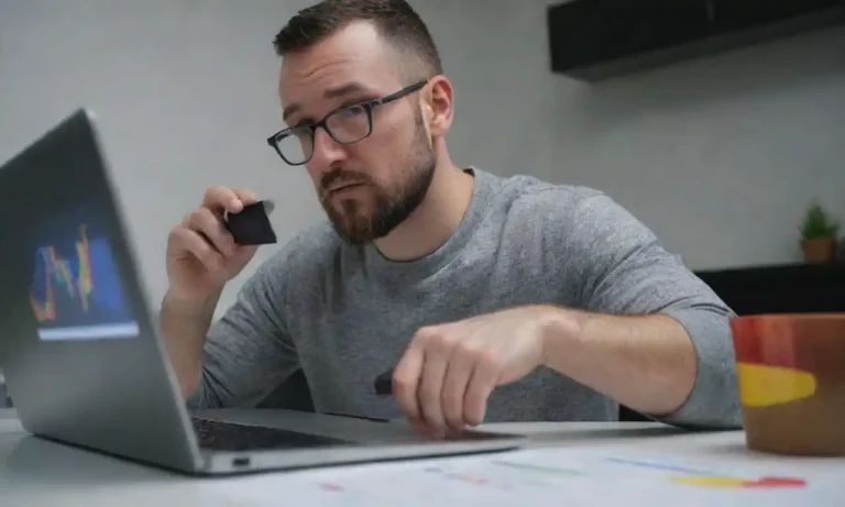 A digital marketer analyzing Google Ads data on a laptop with charts and graphs displayed.