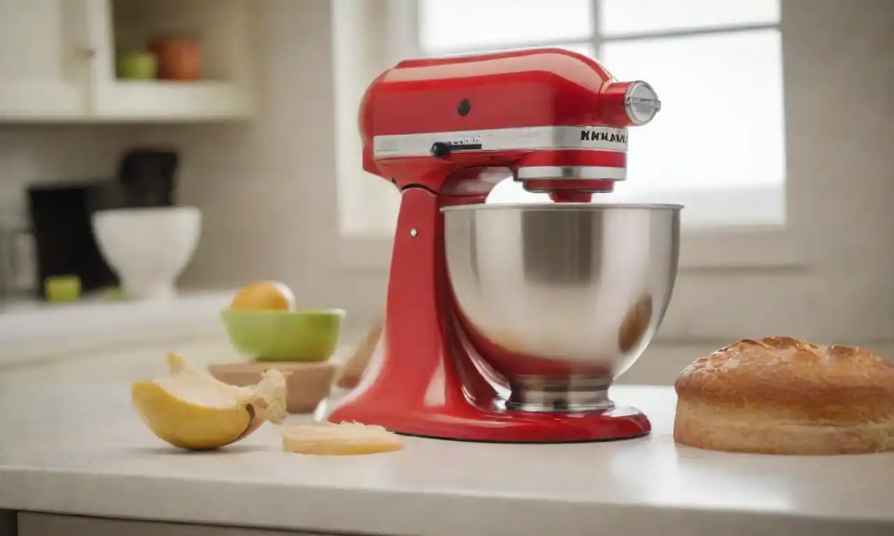 Tres mezcladores de pie KitchenAid en diferentes colores exhibidos sobre una mesa de cocina moderna.