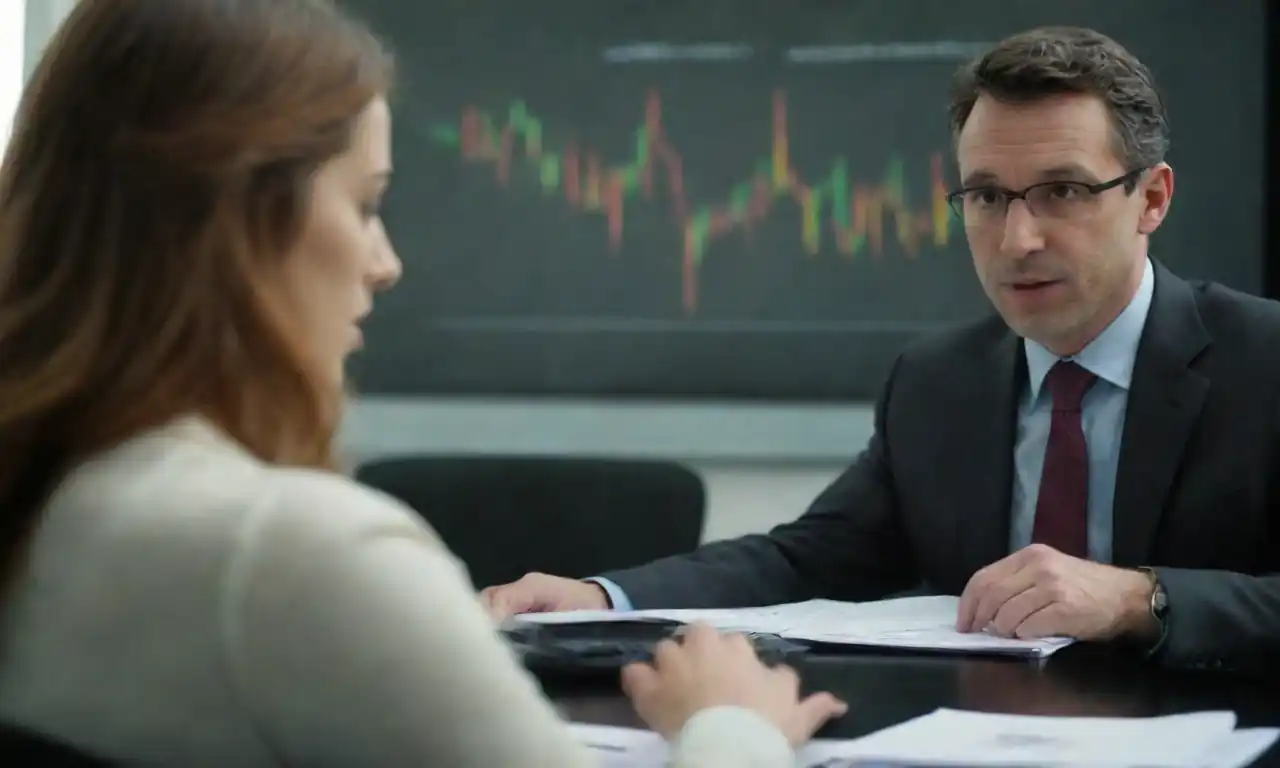 Un profesional de finanzas analizando gráficas y datos en una reunión.