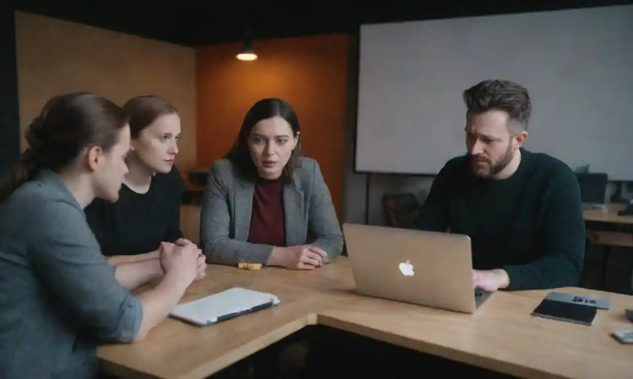 A person interviewing freelancers with laptops and project briefs in a modern workspace.