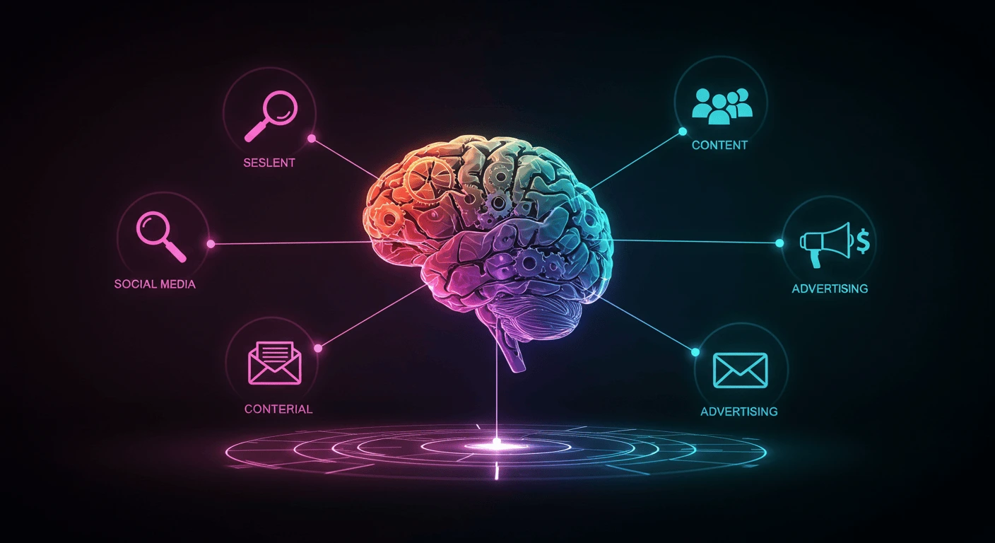 Diagrama visualizando las áreas clave del marketing digital 360: SEO, contenido, redes sociales, email y publicidad, conectadas a una estrategia central.