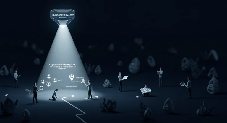 Faro digital iluminando paisaje con personas buscando, simbolizando ser encontrado online.