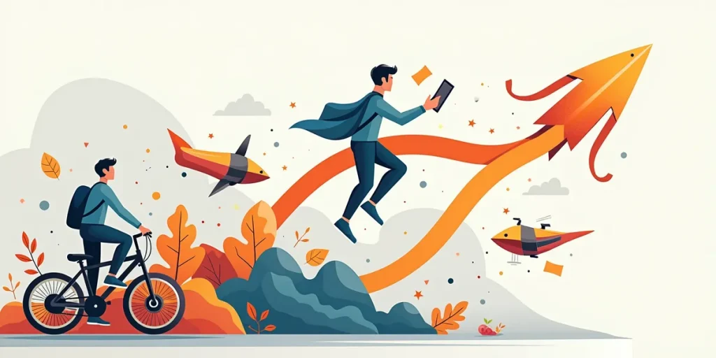 Iconos de velocidad y flexibilidad sobre fondo digital, simbolizando metodologías ágiles.