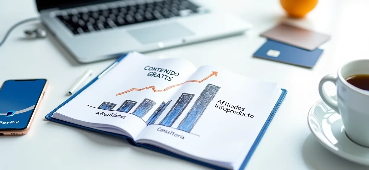 Una persona en su escritorio dibujando un gráfico de monetización online con diferentes fuentes de ingresos como afiliados, productos y servicios.