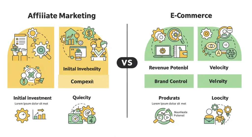 Tabla comparativa con las diferencias clave entre Marketing de Afiliados y E-commerce para emprendedores.